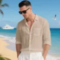Men's Casual Loose Long Sleeve Linen Shirt Beige Spring Autumn Beach Vacation Wear - Light Khaki