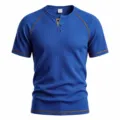 Men's blue waffle knit henley short sleeve t-shirt featuring stylish contrast stitching. - S / Tops / Sapphire Blue