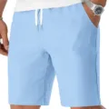 Light blue linen-texture casual shorts detail, comfortable fabric with white drawstring. - S / Bottoms / Light Blue