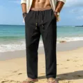Men casual linen beach pants detail, ethnic waistband, loose straight fit, breathable style - S / Bottoms / Black