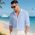 Men's casual light blue long sleeve linen shirt, loose fit button down beach top for autumn. - Light Blue