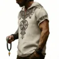 Camiseta de verano holgada de lino con capucha para hombre con estampado de runas, streetwear. - Albaricoque
