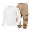 Men's casual waffle henley long sleeve shirt and khaki cargo pants outfit set for men. - S / Top And Bottom / White Top Khaki Pants