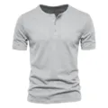 Men's short sleeve Henley shirt, casual slim fit breathable sports top in light grey. - Light Gray