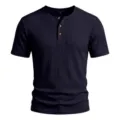 Men's short sleeve ribbed Henley t-shirt summer casual slim fit basic top with buttons. - S / Navy Blue
