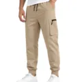 Men's casual cargo pants detail view showcasing elastic cuffed hem, secure zippered side pocket. - S / Khaki