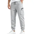 Detail view of mens grey cargo sweatpants featuring side zipper pocket and elastic cuffed hem. - S / Light Gray