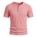 Men's casual summer short sleeve ribbed henley t-shirt in pink with classic button placket. - S / Pink