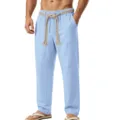 Pantalón informal de lino azul claro para hombre con cordón decorativo en la cintura. - S / Bottoms / 1 Pieza / Azul claro