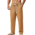 Pantalón recto casual de lino para hombre con cordón trenzado para vacaciones de verano. - S / Bottoms / 1 Pieza / Amarillo Tierra
