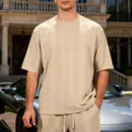 Men's casual streetwear oversized jacquard knit crewneck short sleeve t-shirt and shorts set. - S / Tops / Khaki