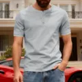 Men's casual short sleeve Henley shirt in light grey cotton for summer daily wear - Light Gray