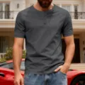 Men's Casual Short Sleeve Henley Shirt Vintage Slim Fit Button Down Summer Top Gray - Dark Gray