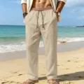 Mens casual linen beach trousers in beige, loose straight fit with ethnic waistband design. - S / Bottoms / Khaki