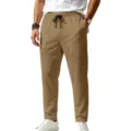 Detail view of men's khaki casual jogger pants with elastic drawstring waist and pockets. - Khaki
