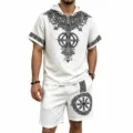 Men's Viking Tree of Life Linen-feel Short Sleeve Hoodie and Shorts Casual Set - S / Top And Bottom / White