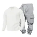 Men's waffle long sleeve henley shirt and grey cargo sweatpants casual two piece set. - S / Top And Bottom / White Top Light Gray Pants