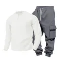 Men's waffle knit long sleeve henley shirt and cargo sweatpants two piece casual outfit. - S / Top And Bottom / White Top Dark Gray Pants