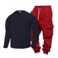 Mens waffle knit henley shirt and cargo sweatpants set casual outfit detail view - S / Top And Bottom / Navy Top Red Pants