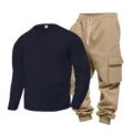 Detailed view of the men's waffle knit long sleeve henley shirt and matching cargo pants. - Navy Top Khaki Pants