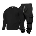 Men's casual waffle henley shirt and cargo sweatpants tracksuit set for the autumn season. - Black Top And Black Bottom