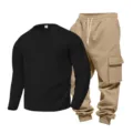Men's Long Sleeve Henley Shirt and Cargo Sweatpants Set Casual Fall Outfit Black Khaki - Black Top Khaki Pants