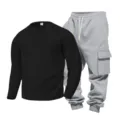 Men casual waffle long sleeve henley shirt and cargo sweatpants set for autumn spring. - Black Top Light Gray Pants