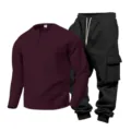 Mens waffle knit henley shirt and cargo sweatpants set casual long sleeve outfit. - Burgundy Top Black Pants