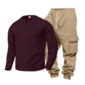 Men waffle long sleeve henley shirt and khaki cargo pants set casual two piece outfit - Burgundy Top Khaki Pants