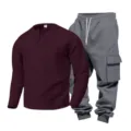 Men's waffle knit long sleeve Henley shirt with cargo sweatpants casual two piece set. - Burgundy Top Dark Gray Pants