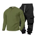 Men casual 2-piece outfit set, army green waffle henley shirt and black cargo pants. - Green Top Black Pants