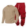 Men's waffle knit long sleeve henley shirt and red cargo sweatpants two-piece casual set. - Khaki Top Red Pants