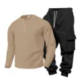 Mens waffle long sleeve henley shirt and black cargo sweatpants casual streetwear outfit set. - Khaki Top Black Pants