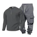 Men grey waffle Henley long sleeve shirt and cargo sweatpants casual tracksuit outfit for men. - Dark Gray Top Dark Gray Pants