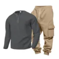 Men waffle long sleeve Henley shirt and khaki cargo sweatpants casual outfit set style. - Dark Gray Top Khaki Pants
