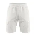 White waffle texture cargo shorts detail view, featuring side pockets and adjustable drawstring. - S / Bottoms / White