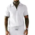 Men's Summer Casual Corduroy Zipper Polo Shirt and Shorts Two-Piece Set Activewear - S / White