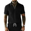 Men black ribbed zip polo shirt summer casual short sleeve top and casual pants outfit set - S / Black