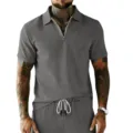 Men's casual retro corduroy short-sleeve zip polo shirt and matching shorts summer set. - S / Gray