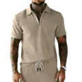 Ensemble d'été pour homme chemise polo manches courtes en velours côtelé et short - Abricot