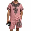 Men Viking Tree of Life Print Hoodie Short Sleeve Shirt and Shorts Summer Outfit - S / Top And Bottom / Pink