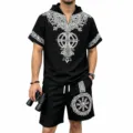Men's Viking Tree of Life Hooded Short Sleeve Summer Outfit Casual Clothing Apparel Set - S / Top And Bottom / Black