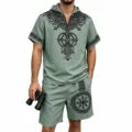 Men's slub linen-feel Viking Tree of Life hooded short sleeve shorts set casual summer outfit - S / Top And Bottom / Light Green