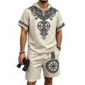Men's Viking Tree of Life Hooded Short Sleeve Linen Blend Outfit Casual Summer Set - Apricot