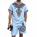 Men Norse Tree of Life Hooded Short Sleeve Shirt Shorts Set Viking Casual Summer Outfit - Light Blue