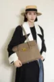 Luxury genuine leather tote bag for women, large capacity vintage commuter briefcase and shoulder bag. - Elephant Gray