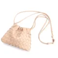 Detailed shot of beige woven leather pouch bag with delicate strap and drawstring closure. - Apricot