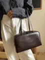 Minimalist genuine leather bowling shoulder bag for women, classic brown commuter tote design. - Large Cowhide with Letter (30x10x16cm) / Coffee