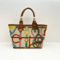 Colorful canvas tote bag with leather handles and equestrian print, large capacity handbag. - Colorful and Brown