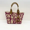 Canvas tote bag with top layer cowhide handles, purple equestrian print, large capacity handbag. - Purple and Apricot